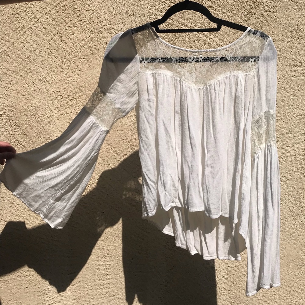 White Lace Long Sleeve Shirt with Bell Sleeves